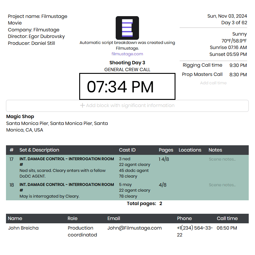 Create and Manage Shooting Schedules and DOOD Reports